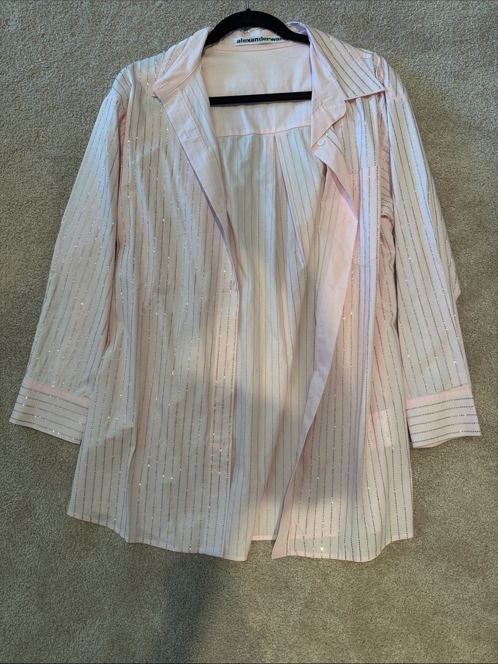 Alexander Wang Pale Pink rhinestone Metallic-Striped Button Down Shirt Jacket